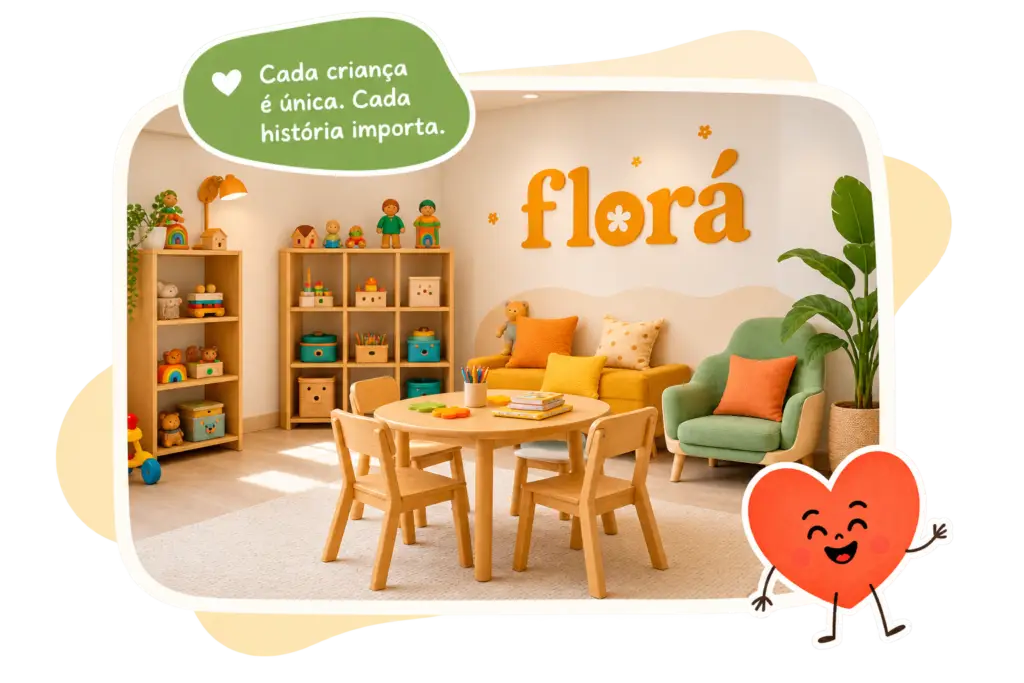 Espaço infantil acolhedor da Florá, com mesa e cadeiras para crianças, brinquedos, livros e mobiliário lúdico.