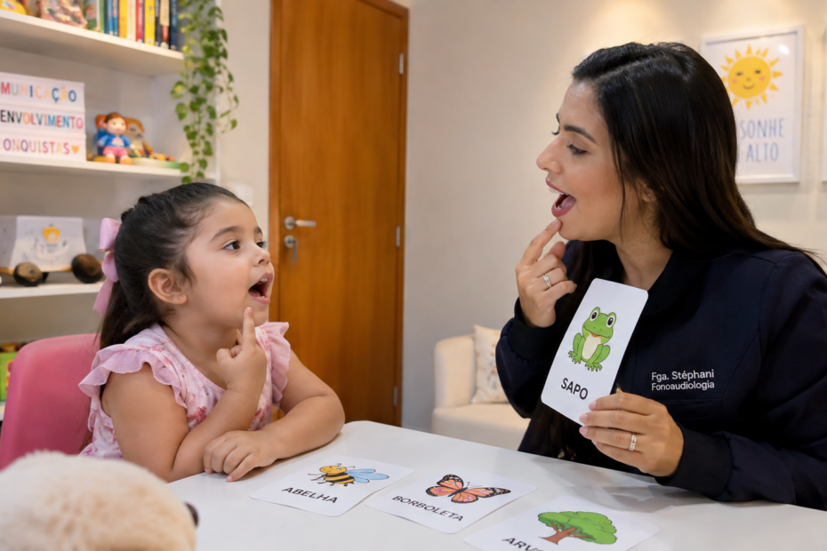 Criança em atendimento fonoaudiológico realizando atividade de fala com uma profissional em ambiente infantil acolhedor.