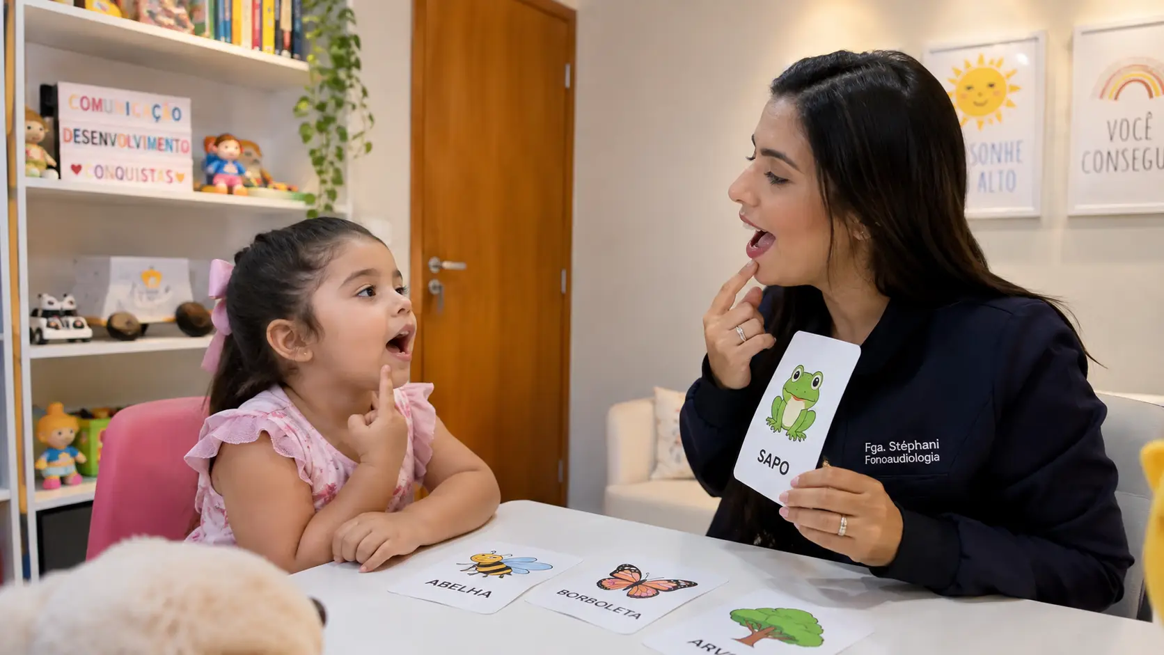 Criança em atendimento fonoaudiológico realizando atividade de fala com uma profissional em ambiente infantil acolhedor.